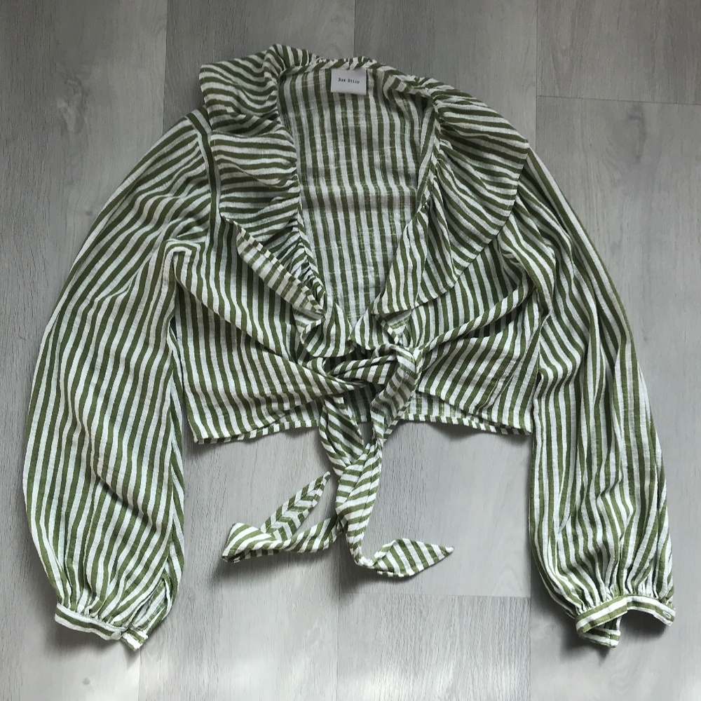 RUE STIIC GREEN BLOUSE STRIPE WRAP LONG SLEEVE TOP WOMENS MEDIUM